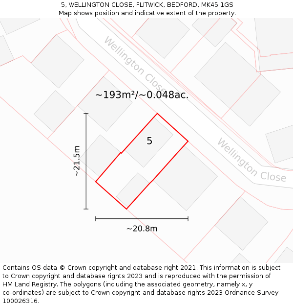 5, WELLINGTON CLOSE, FLITWICK, BEDFORD, MK45 1GS: Plot and title map