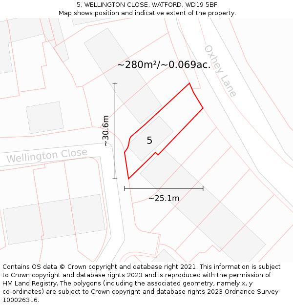 5, WELLINGTON CLOSE, WATFORD, WD19 5BF: Plot and title map