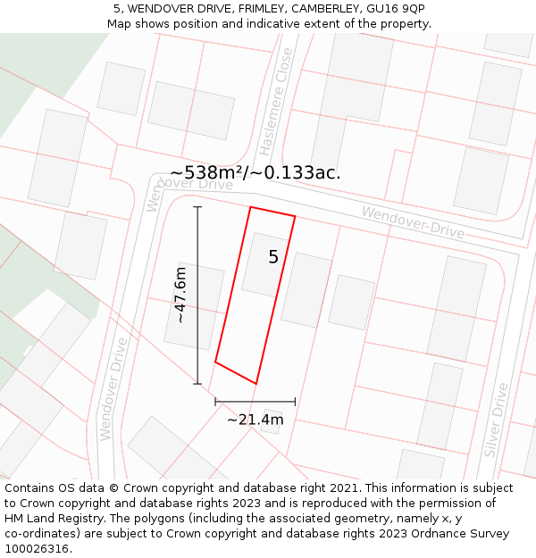 5, WENDOVER DRIVE, FRIMLEY, CAMBERLEY, GU16 9QP: Plot and title map