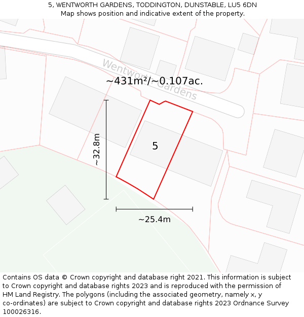 5, WENTWORTH GARDENS, TODDINGTON, DUNSTABLE, LU5 6DN: Plot and title map