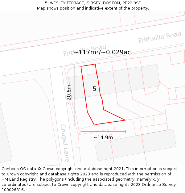 5, WESLEY TERRACE, SIBSEY, BOSTON, PE22 0SF: Plot and title map