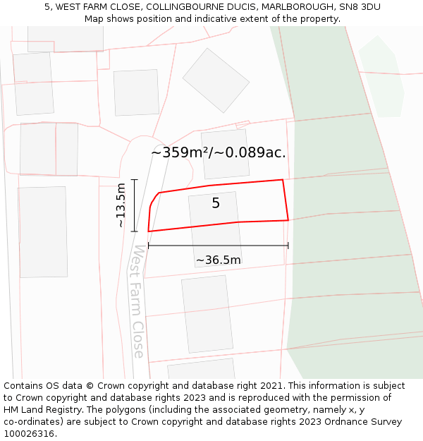 5, WEST FARM CLOSE, COLLINGBOURNE DUCIS, MARLBOROUGH, SN8 3DU: Plot and title map