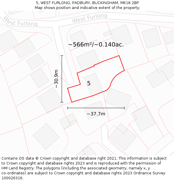 5, WEST FURLONG, PADBURY, BUCKINGHAM, MK18 2BP: Plot and title map