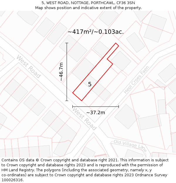 5, WEST ROAD, NOTTAGE, PORTHCAWL, CF36 3SN: Plot and title map