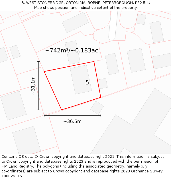 5, WEST STONEBRIDGE, ORTON MALBORNE, PETERBOROUGH, PE2 5LU: Plot and title map