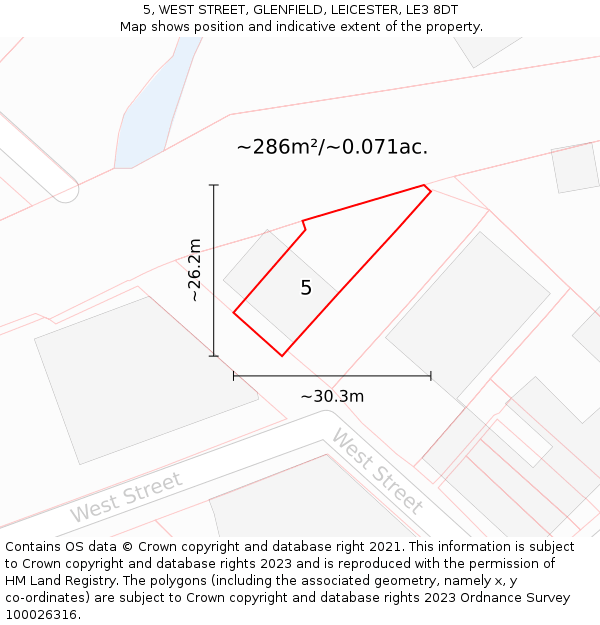 5, WEST STREET, GLENFIELD, LEICESTER, LE3 8DT: Plot and title map