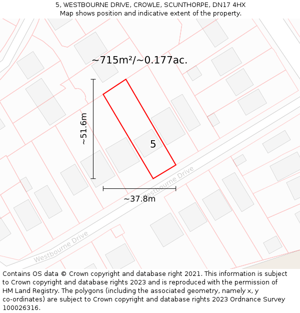 5, WESTBOURNE DRIVE, CROWLE, SCUNTHORPE, DN17 4HX: Plot and title map