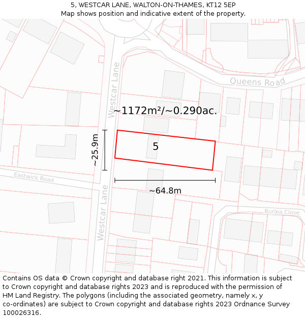 5, WESTCAR LANE, WALTON-ON-THAMES, KT12 5EP: Plot and title map