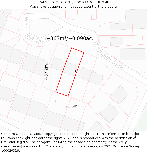 5, WESTHOLME CLOSE, WOODBRIDGE, IP12 4BE: Plot and title map