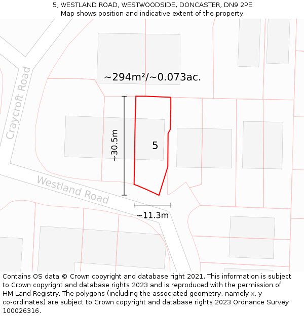 5, WESTLAND ROAD, WESTWOODSIDE, DONCASTER, DN9 2PE: Plot and title map