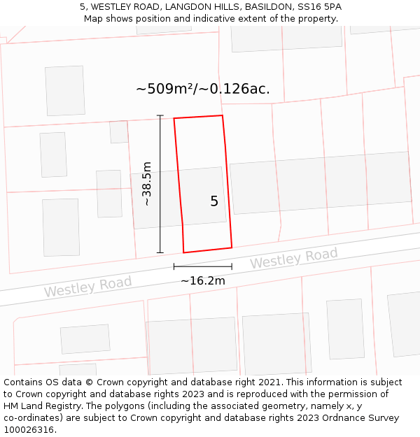 5, WESTLEY ROAD, LANGDON HILLS, BASILDON, SS16 5PA: Plot and title map