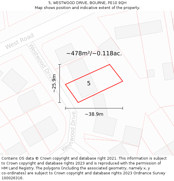 5, WESTWOOD DRIVE, BOURNE, PE10 9QH: Plot and title map