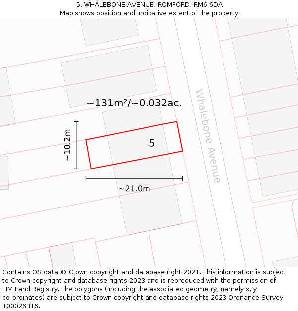 5, WHALEBONE AVENUE, ROMFORD, RM6 6DA: Plot and title map