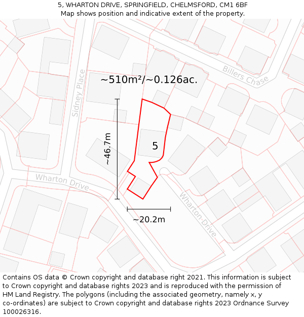 5, WHARTON DRIVE, SPRINGFIELD, CHELMSFORD, CM1 6BF: Plot and title map