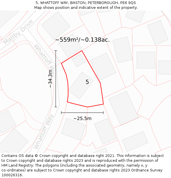 5, WHATTOFF WAY, BASTON, PETERBOROUGH, PE6 9QS: Plot and title map