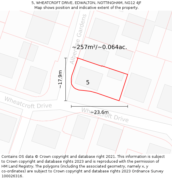 5, WHEATCROFT DRIVE, EDWALTON, NOTTINGHAM, NG12 4JF: Plot and title map