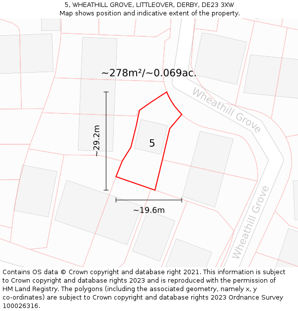 5, WHEATHILL GROVE, LITTLEOVER, DERBY, DE23 3XW: Plot and title map