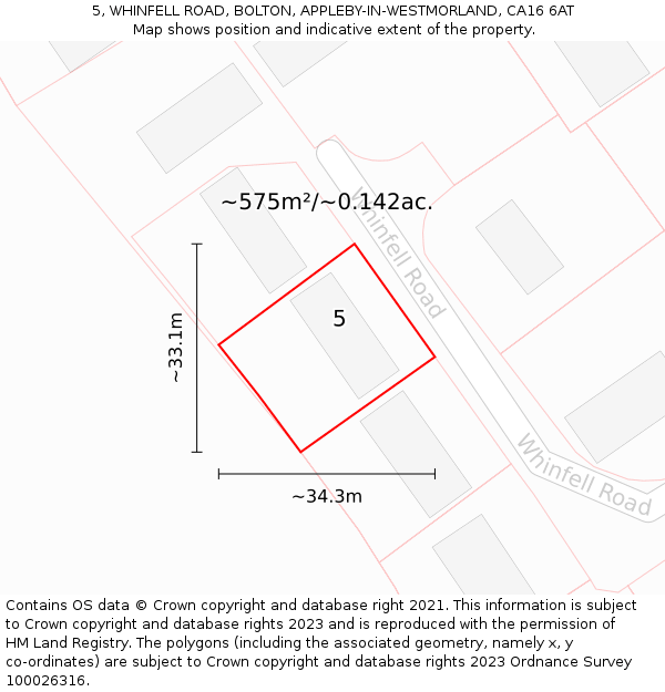 5, WHINFELL ROAD, BOLTON, APPLEBY-IN-WESTMORLAND, CA16 6AT: Plot and title map