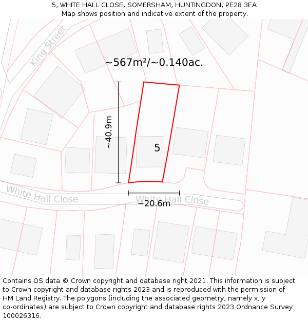 5, WHITE HALL CLOSE, SOMERSHAM, HUNTINGDON, PE28 3EA: Plot and title map