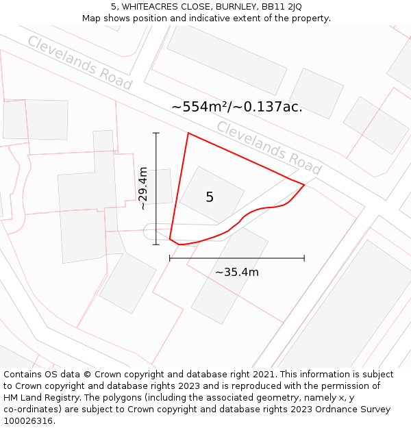 5, WHITEACRES CLOSE, BURNLEY, BB11 2JQ: Plot and title map