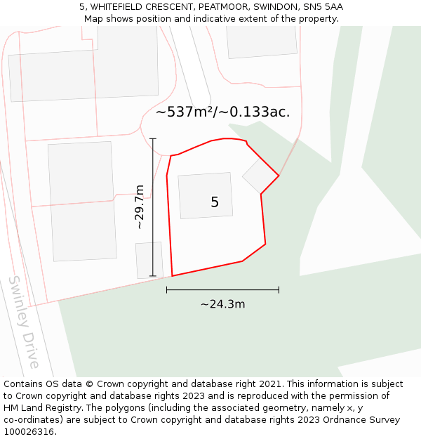 5, WHITEFIELD CRESCENT, PEATMOOR, SWINDON, SN5 5AA: Plot and title map