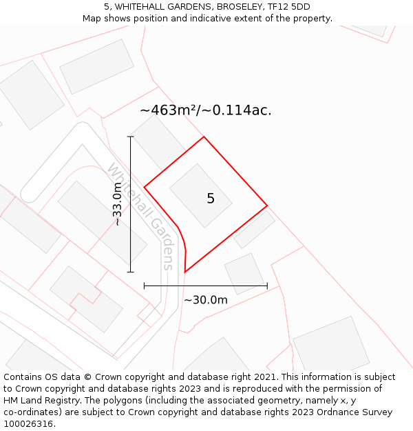 5, WHITEHALL GARDENS, BROSELEY, TF12 5DD: Plot and title map