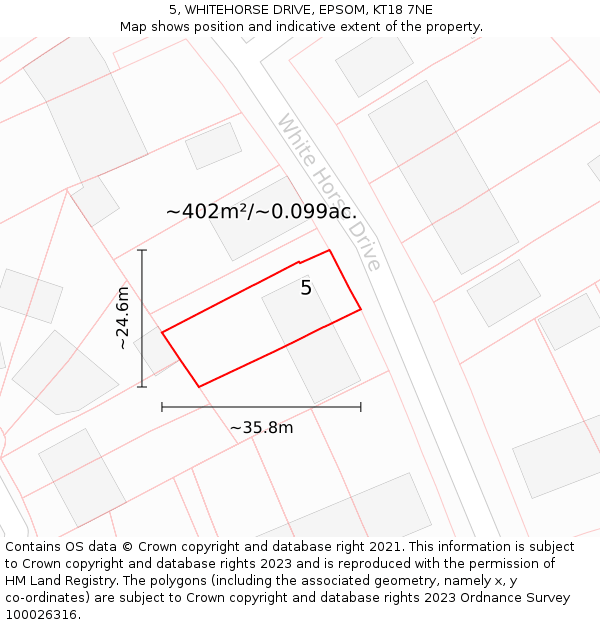 5, WHITEHORSE DRIVE, EPSOM, KT18 7NE: Plot and title map