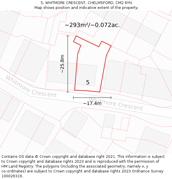 5, WHITMORE CRESCENT, CHELMSFORD, CM2 6YN: Plot and title map