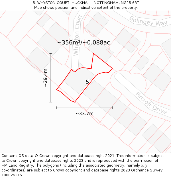 5, WHYSTON COURT, HUCKNALL, NOTTINGHAM, NG15 6RT: Plot and title map