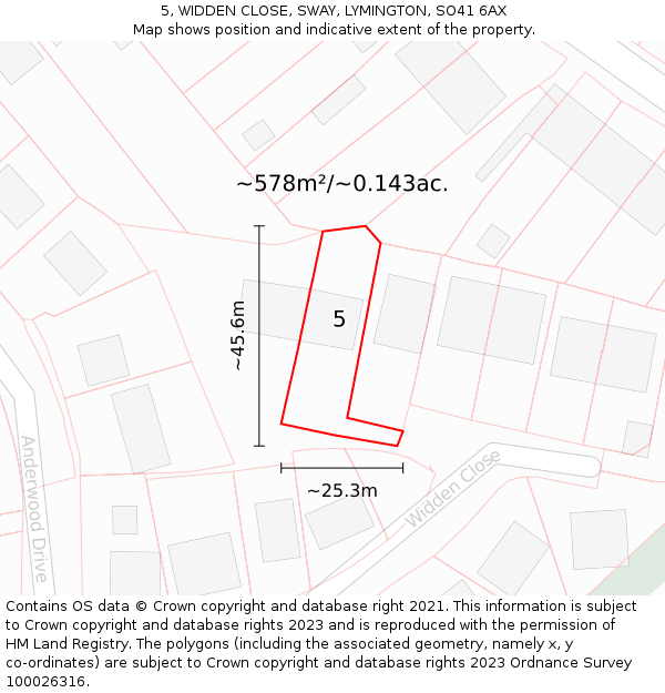 5, WIDDEN CLOSE, SWAY, LYMINGTON, SO41 6AX: Plot and title map