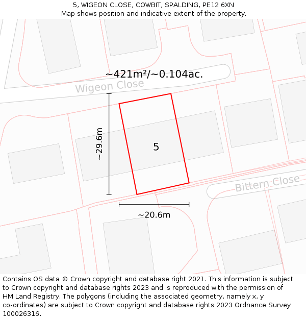 5, WIGEON CLOSE, COWBIT, SPALDING, PE12 6XN: Plot and title map