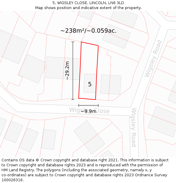 5, WIGSLEY CLOSE, LINCOLN, LN6 3LD: Plot and title map