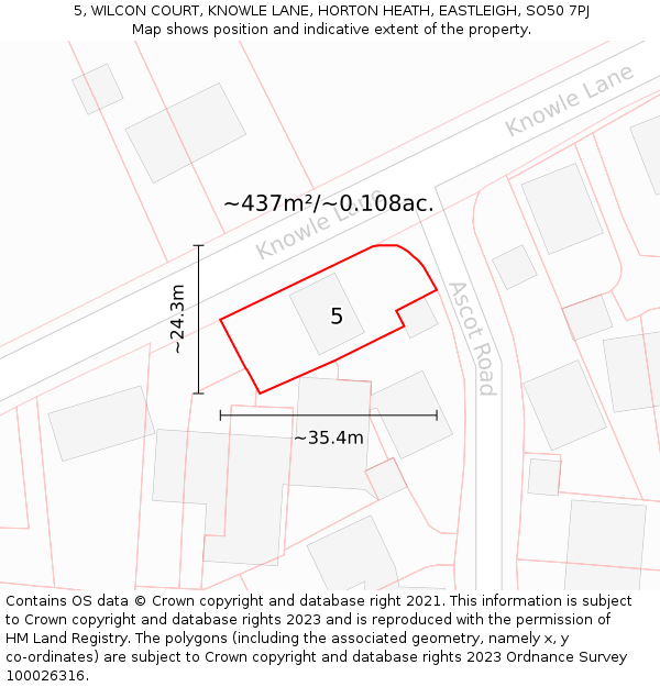 5, WILCON COURT, KNOWLE LANE, HORTON HEATH, EASTLEIGH, SO50 7PJ: Plot and title map