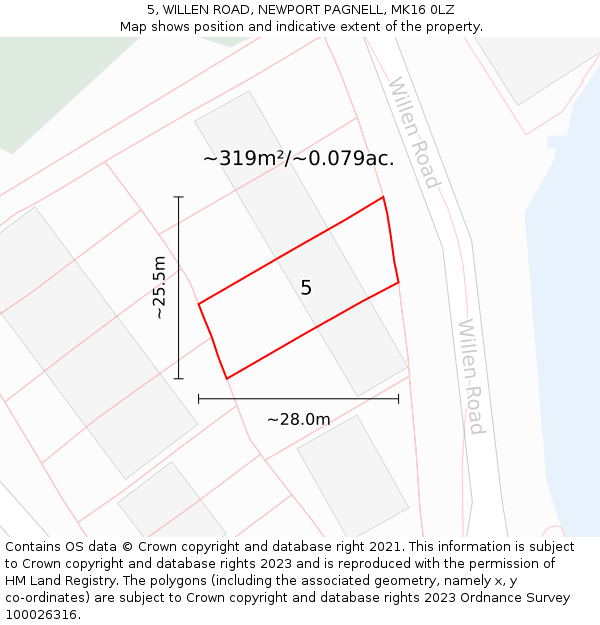 5, WILLEN ROAD, NEWPORT PAGNELL, MK16 0LZ: Plot and title map