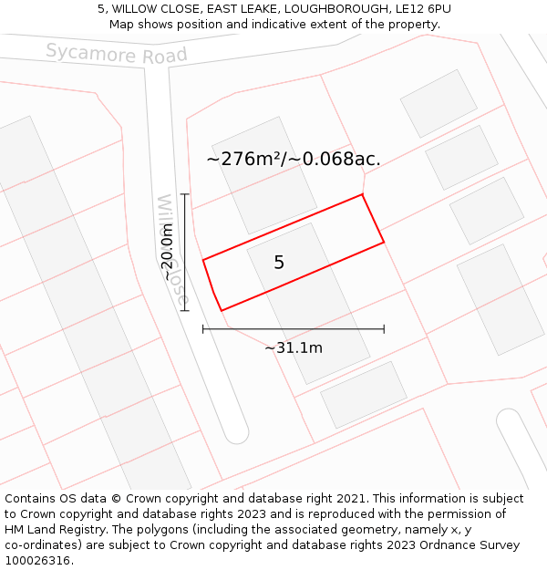 5, WILLOW CLOSE, EAST LEAKE, LOUGHBOROUGH, LE12 6PU: Plot and title map