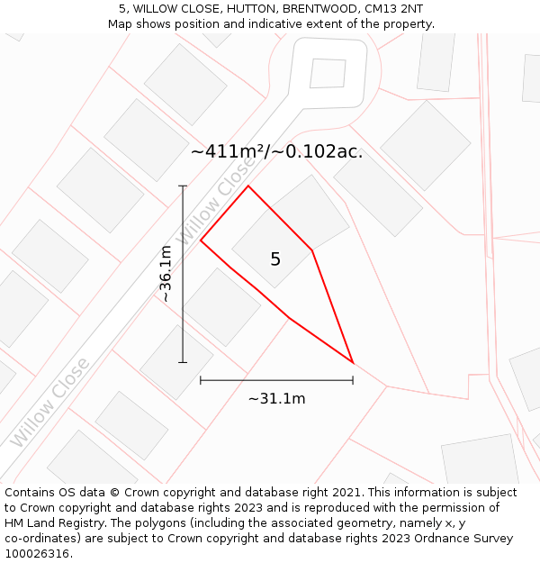 5, WILLOW CLOSE, HUTTON, BRENTWOOD, CM13 2NT: Plot and title map