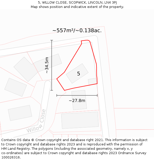 5, WILLOW CLOSE, SCOPWICK, LINCOLN, LN4 3PJ: Plot and title map