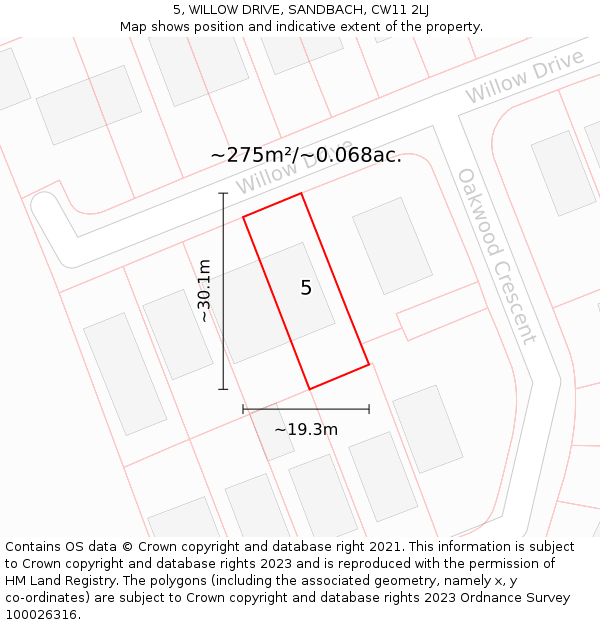 5, WILLOW DRIVE, SANDBACH, CW11 2LJ: Plot and title map