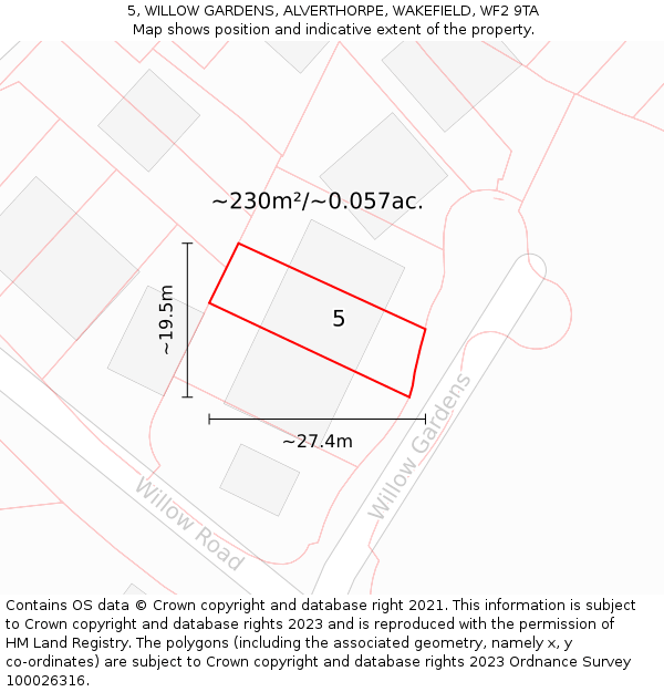 5, WILLOW GARDENS, ALVERTHORPE, WAKEFIELD, WF2 9TA: Plot and title map