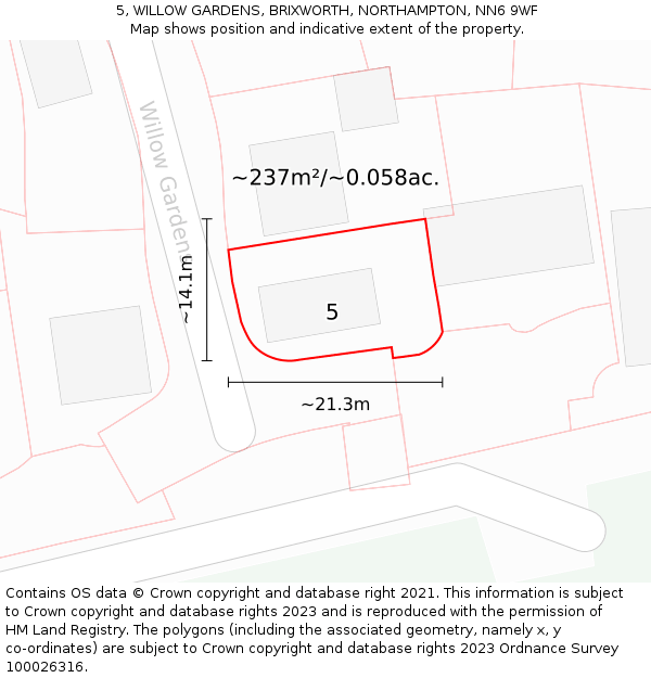 5, WILLOW GARDENS, BRIXWORTH, NORTHAMPTON, NN6 9WF: Plot and title map