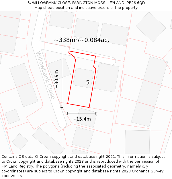 5, WILLOWBANK CLOSE, FARINGTON MOSS, LEYLAND, PR26 6QD: Plot and title map