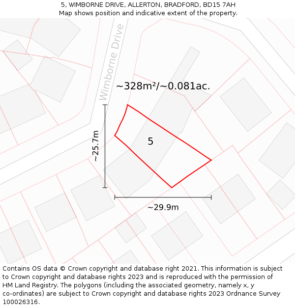 5, WIMBORNE DRIVE, ALLERTON, BRADFORD, BD15 7AH: Plot and title map