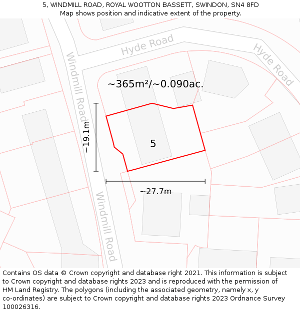 5, WINDMILL ROAD, ROYAL WOOTTON BASSETT, SWINDON, SN4 8FD: Plot and title map