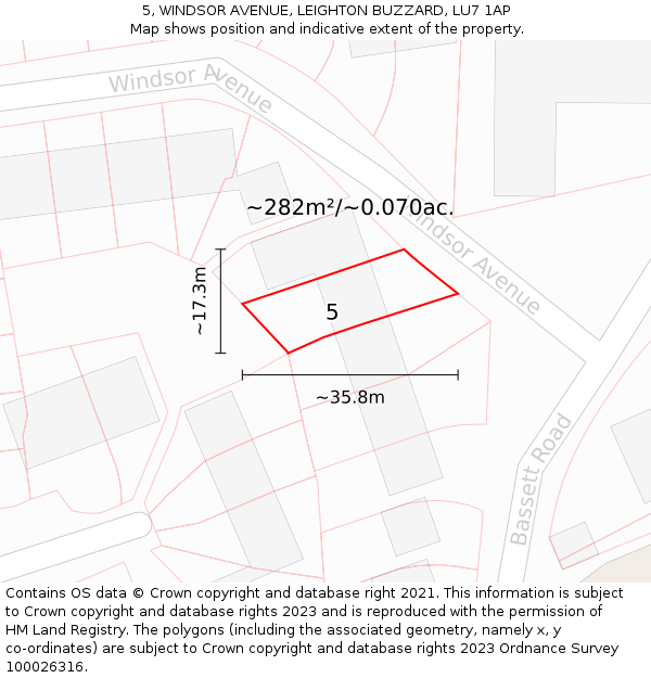 5, WINDSOR AVENUE, LEIGHTON BUZZARD, LU7 1AP: Plot and title map