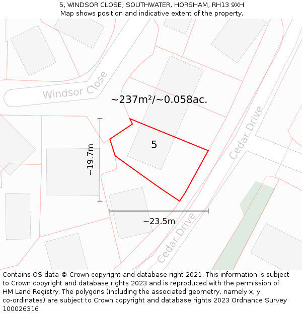 5, WINDSOR CLOSE, SOUTHWATER, HORSHAM, RH13 9XH: Plot and title map