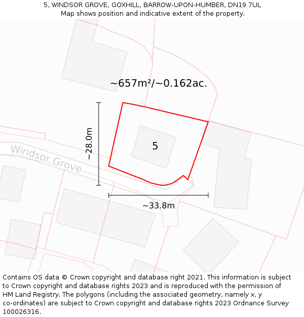 5, WINDSOR GROVE, GOXHILL, BARROW-UPON-HUMBER, DN19 7UL: Plot and title map