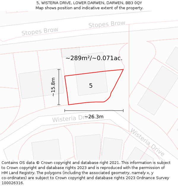 5, WISTERIA DRIVE, LOWER DARWEN, DARWEN, BB3 0QY: Plot and title map