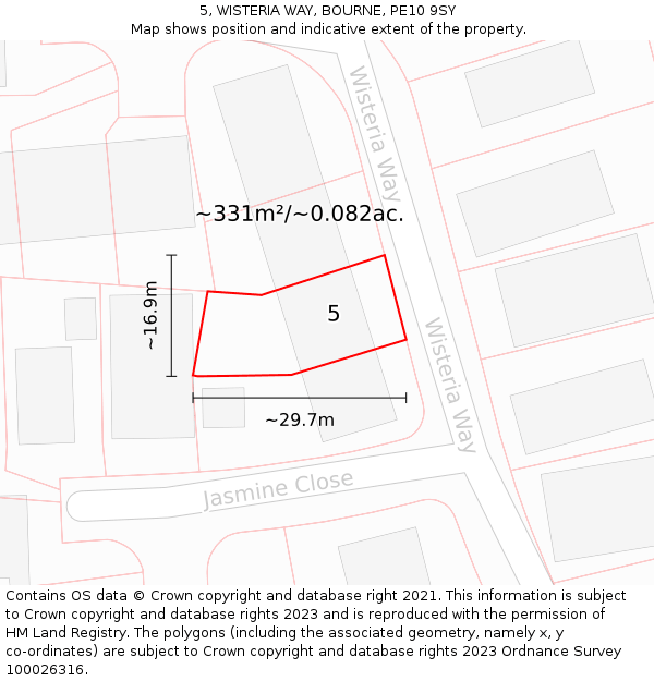 5, WISTERIA WAY, BOURNE, PE10 9SY: Plot and title map