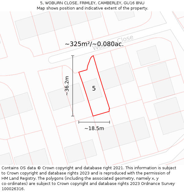 5, WOBURN CLOSE, FRIMLEY, CAMBERLEY, GU16 8NU: Plot and title map