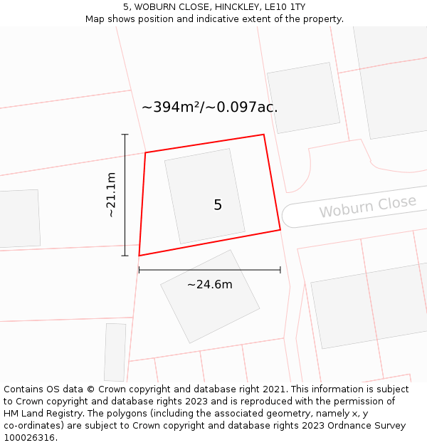 5, WOBURN CLOSE, HINCKLEY, LE10 1TY: Plot and title map